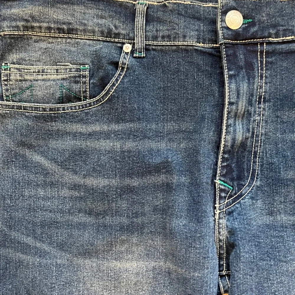 True Religion Ricky Relaxed Straight Jeans Medium Harvest Wash Teal Stitch 42x34
